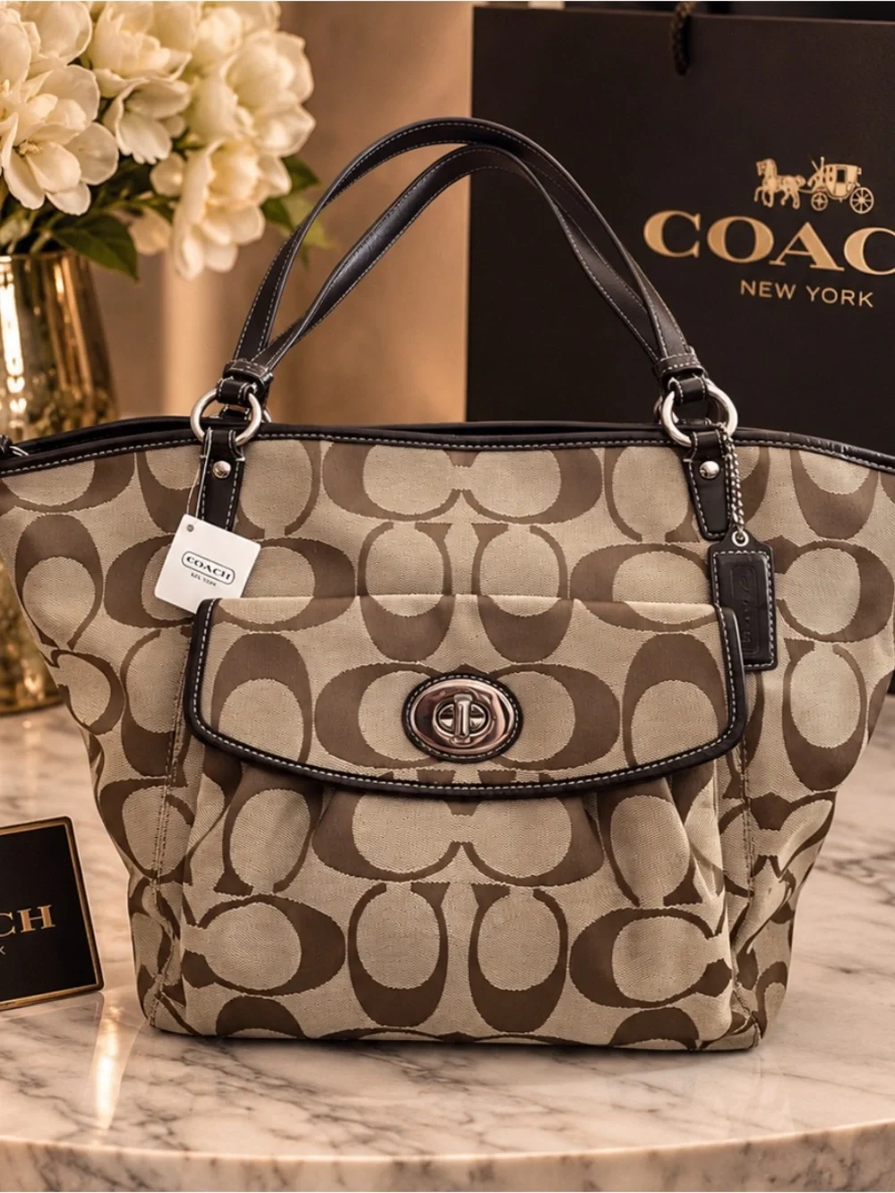 Vintage Signature Canvas Tote Bag in Khaki/Chocolate NWT